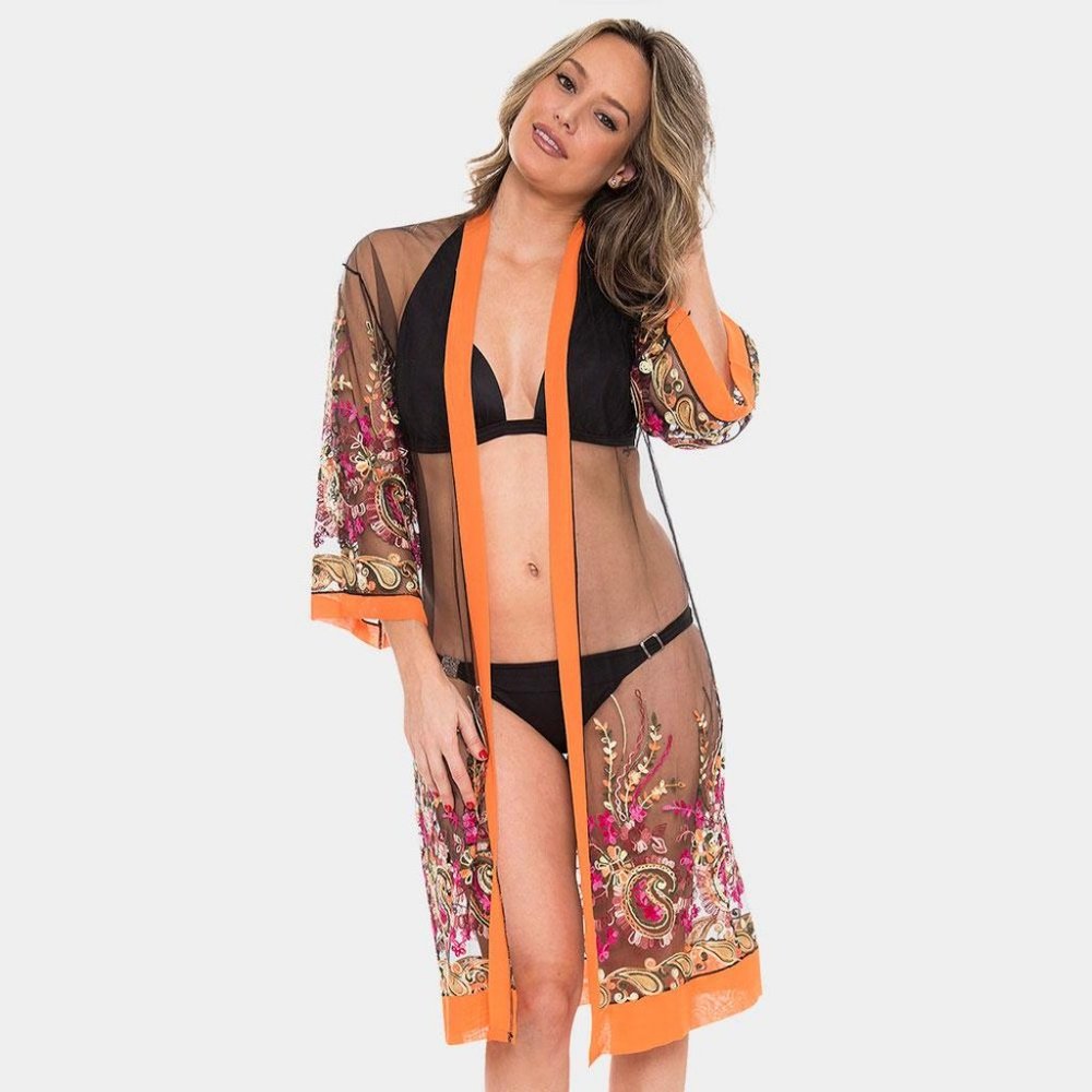 Embroidered Open Kimono Poncho
